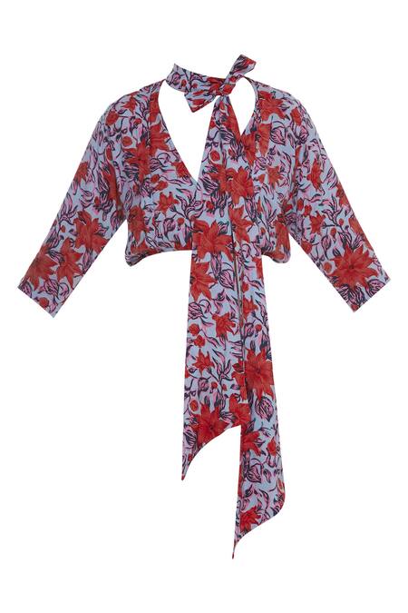 Buy_Surendri_Red Viscose Georgette Printed Floral V Neck Saree With Blouse And Choker_Online_at_Aza_Fashions