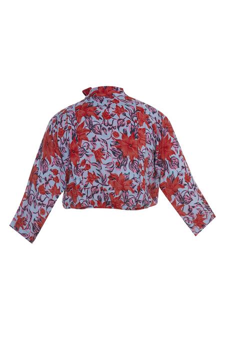 Shop_Surendri_Red Viscose Georgette Printed Floral V Neck Saree With Blouse And Choker_Online_at_Aza_Fashions