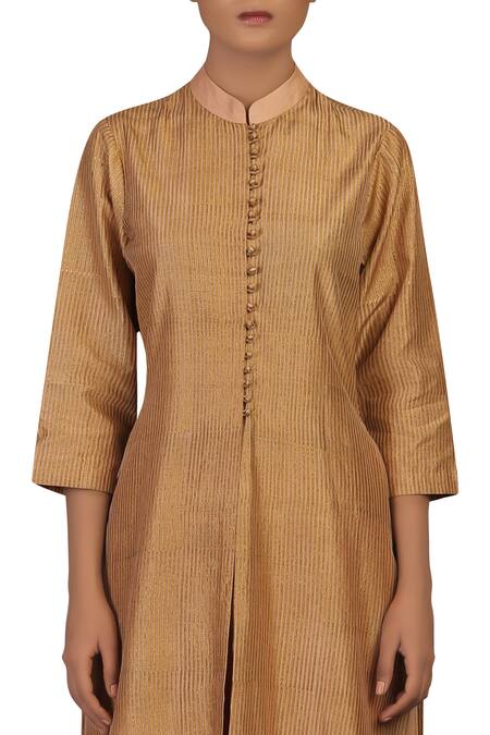 Priyam Narayan_Peach Embroidery Mandarin Collar Mukaish Work Kurta With Kalidar Palazzos_Online_at_Aza_Fashions