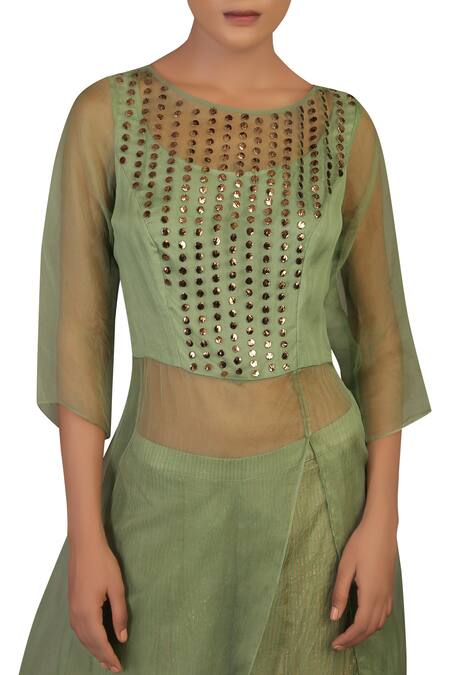 Priyam Narayan_Green Embroidery Mandarin Collar Kurta Palazzo Set_Online_at_Aza_Fashions