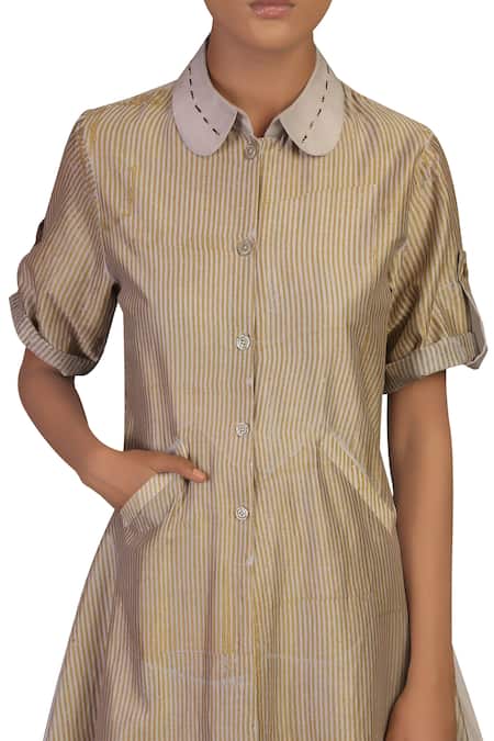 Priyam Narayan_Grey Chanderi & Organza Peter Pan Collar Mukaish Work Layered Midi Dress_Online_at_Aza_Fashions