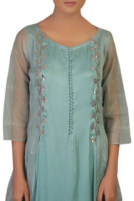 Priyam Narayan_Blue Embroidery Leaf Neck Hand Kurta With Kalidar Palazzos_Online_at_Aza_Fashions