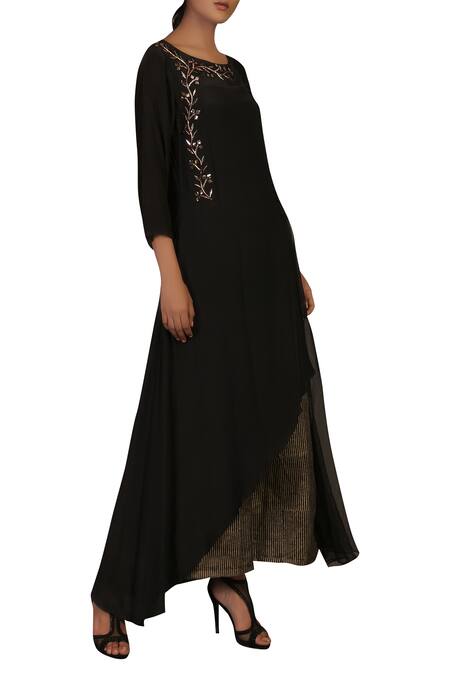 Priyam Narayan Black Embroidery Round Hand Kurta With Palazzos 