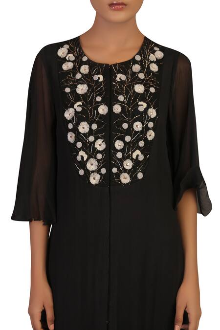 Priyam Narayan_Black Chiffon And Modal Embroidered Round Hand Slit Dress_Online_at_Aza_Fashions