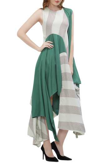 Fahd Khatri_Green Asymmetric Stripe Print Dress_Online_at_Aza_Fashions