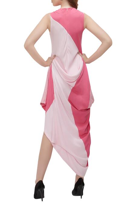 Shop Fahd Khatri Pink Asymmetric Draped Dress at Aza Fashions Shop_Fahd Khatri_Pink Asymmetric Draped Dress_at_Aza_Fashions