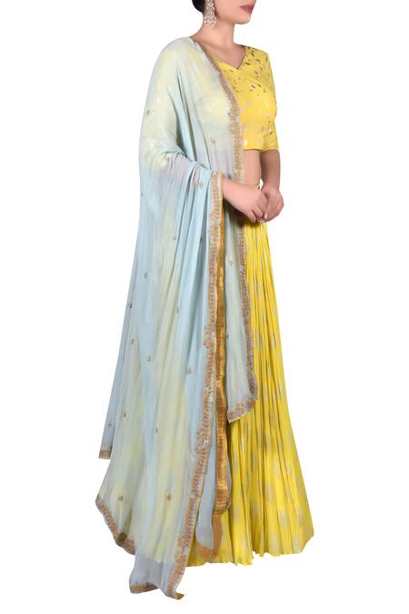 Nautanky_Blue Cotton, Chiffon Embroidered Round Blouse With Lehenga And Zari Work Dupatta _Online_at_Aza_Fashions