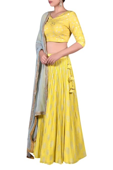 Buy_Nautanky_Blue Cotton, Chiffon Embroidered Round Blouse With Lehenga And Zari Work Dupatta _Online_at_Aza_Fashions