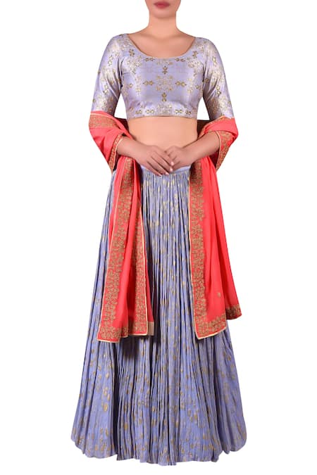 Nautanky Coral Cotton Zari Embroidered Round Neckline Blouse With Lehenga And Work Dupatta 