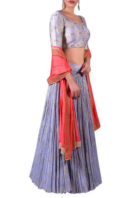 Nautanky_Coral Cotton, Chiffon Embroidered Round Blouse With Lehenga And Zari Work Dupatta _Online_at_Aza_Fashions