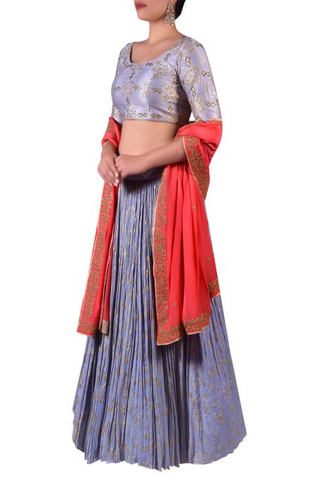 Buy_Nautanky_Coral Cotton, Chiffon Embroidered Round Blouse With Lehenga And Zari Work Dupatta _Online_at_Aza_Fashions