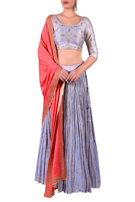 Shop_Nautanky_Coral Cotton, Chiffon Embroidered Round Blouse With Lehenga And Zari Work Dupatta _Online_at_Aza_Fashions