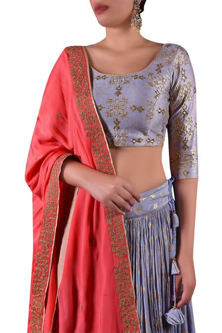 Nautanky_Coral Cotton, Chiffon Embroidered Round Blouse With Lehenga And Zari Work Dupatta _at_Aza_Fashions