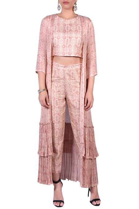 Brown Flared Sleeves Long Shrug With Crop Top And Sharara Pants  ZOMO