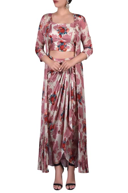 Nautanky Printed crop top with draped skirt & shrug 