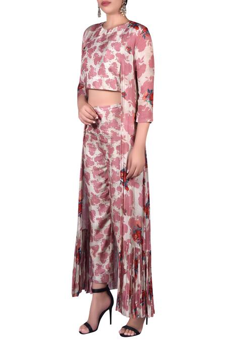 Nautanky_Pink Round Printed Crop Top With Pants And Shrug _Online_at_Aza_Fashions