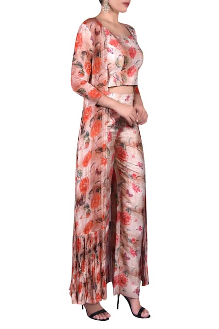 Nautanky_Pink Printed Crop Top With Pants And Shrug _Online_at_Aza_Fashions
