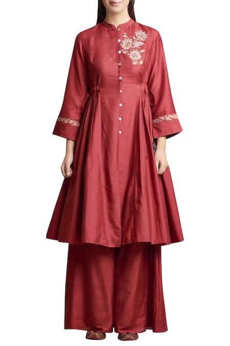 Sue Mue Red Embroidery Band Collar Kurta Palazzo Set With Floral Motifs 