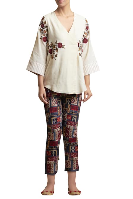 Sue Mue Floral Embroidered Overlap Tunic 