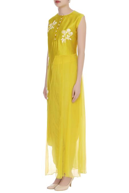 Neeta Bhargava_Yellow , Cotton, Chiffon Printed Front Slit Kurta With Dhoti Pants _Online_at_Aza_Fashions