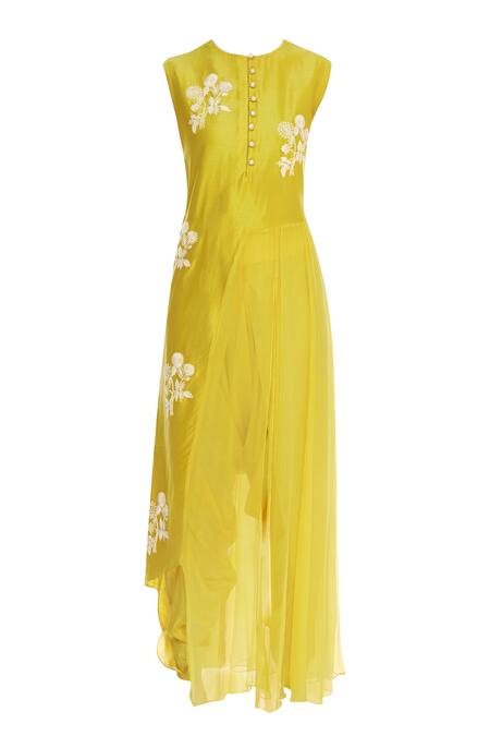 Buy_Neeta Bhargava_Yellow , Cotton, Chiffon Printed Front Slit Kurta With Dhoti Pants _Online_at_Aza_Fashions