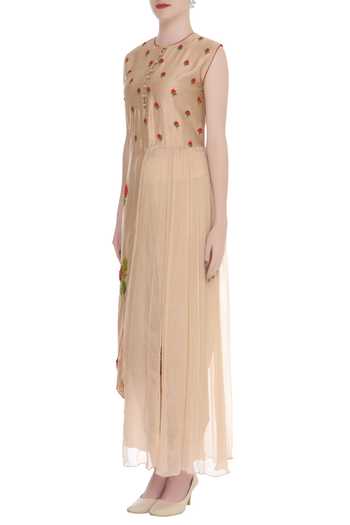 Neeta Bhargava Brown Silk Embroidered Round Neckline Hand Kurta With Dhoti Pants Online at Aza Fashions Neeta Bhargava_Brown Silk Embroidered Round Neckline Hand Kurta With Dhoti Pants _Online_at_Aza_Fashions