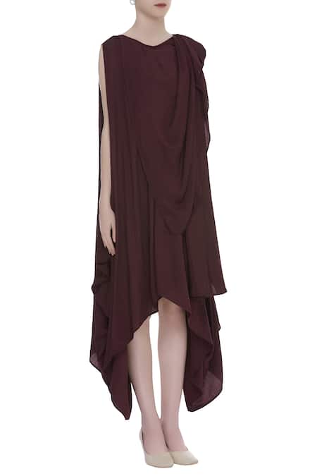 Bohame_Wine Round Silk Draped Dress _Online_at_Aza_Fashions