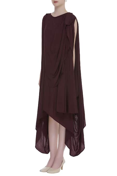 Buy_Bohame_Wine Round Silk Draped Dress _Online_at_Aza_Fashions