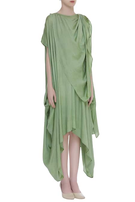 Bohame_Green Round Silk Draped Dress _Online_at_Aza_Fashions