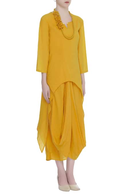 Bohame Yellow Round Draped Silk Dress Online at Aza Fashions Bohame_Yellow Round Draped Silk Dress _Online_at_Aza_Fashions