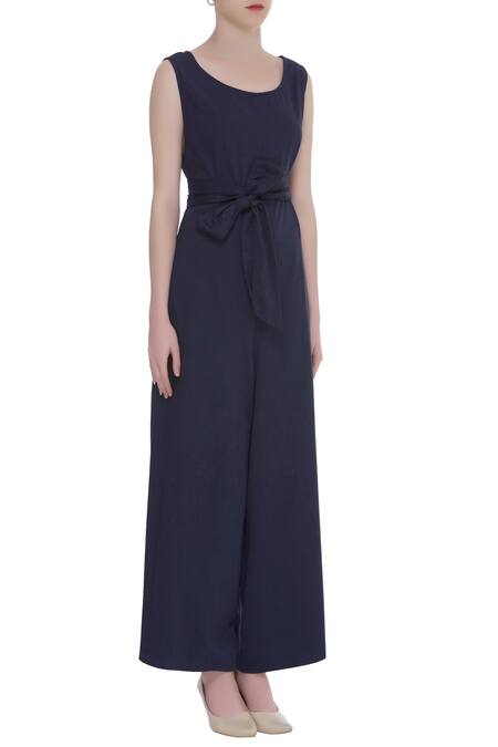 Bohame_Blue Round Cotton Linen Jumpsuit _Online_at_Aza_Fashions