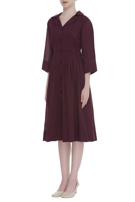 Bohame_Purple Lapel Cotton Linen Shirt Dress _Online_at_Aza_Fashions