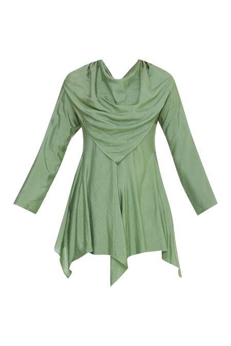 Buy_Bohame_Green Cowl Silk Asymmetric Draped Top _Online_at_Aza_Fashions