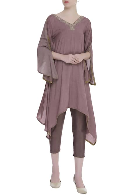 Bohame Purple V Neck Asymmetric Tunic And Pant Set 