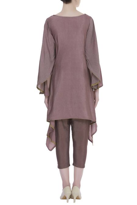 Shop_Bohame_Purple V Neck Asymmetric Tunic And Pant Set_at_Aza_Fashions