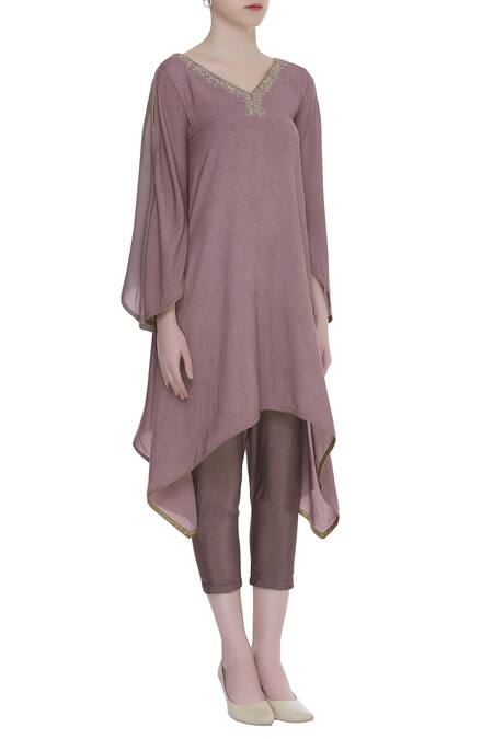 Bohame_Purple V Neck Asymmetric Tunic And Pant Set_Online_at_Aza_Fashions