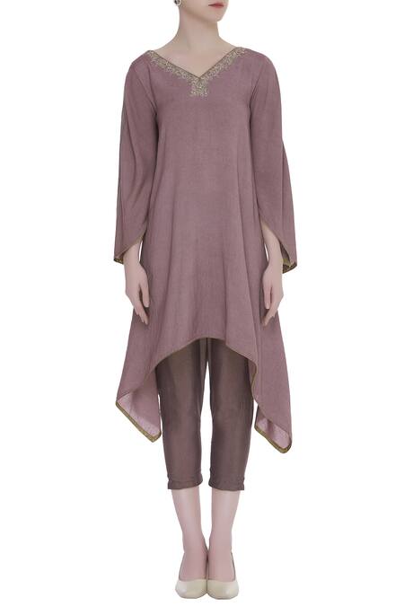 Buy_Bohame_Purple V Neck Asymmetric Tunic And Pant Set_Online_at_Aza_Fashions