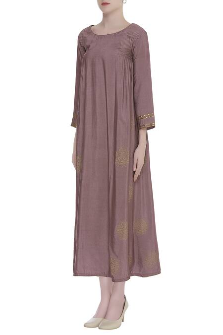 Bohame_Purple Round Block Print Midi Dress _Online_at_Aza_Fashions