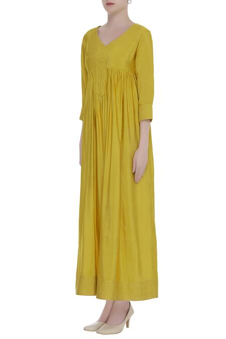 Bohame_Yellow V Neck Silk Maxi Dress _Online_at_Aza_Fashions