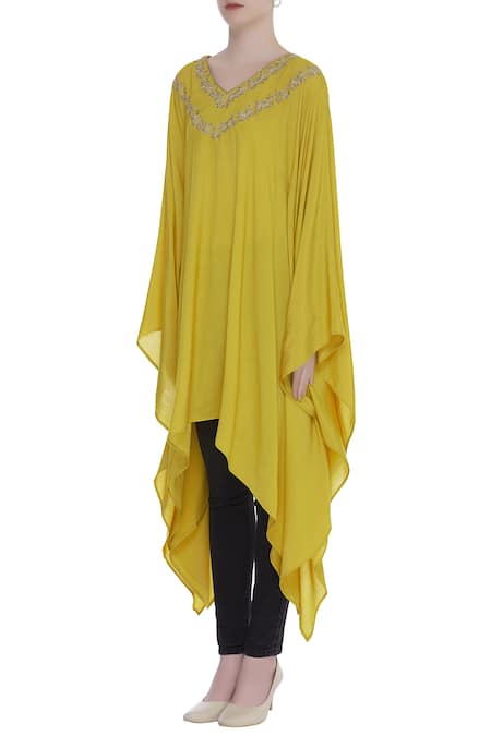 Buy_Bohame_Yellow V Neck Embroidered Asymmetric Kaftan _Online_at_Aza_Fashions