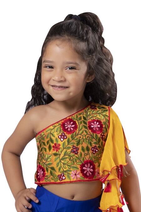 Neha Gursahani_Blue Silk Embroidery, Tassels Blouse With Mirror Work Lehenga _Online_at_Aza_Fashions