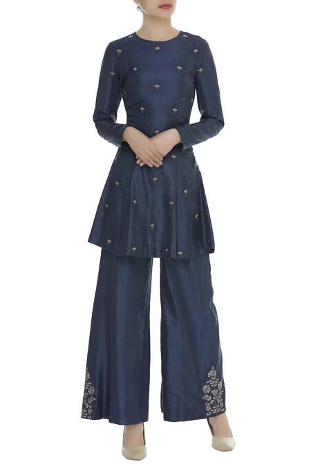 SVA by Sonam & Paras Modi Blue Embroidery Round Peplum Kurta Set  