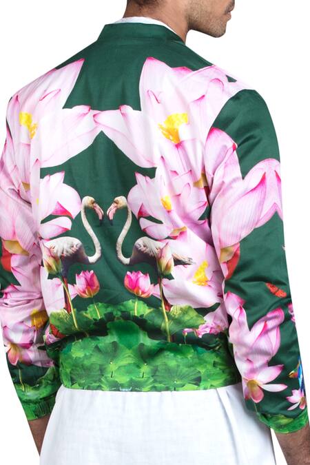 Buy_MR. Ajay Kumar_Green Cotton, Silk, Lycra Flower Print Bomber Jacket _Online_at_Aza_Fashions