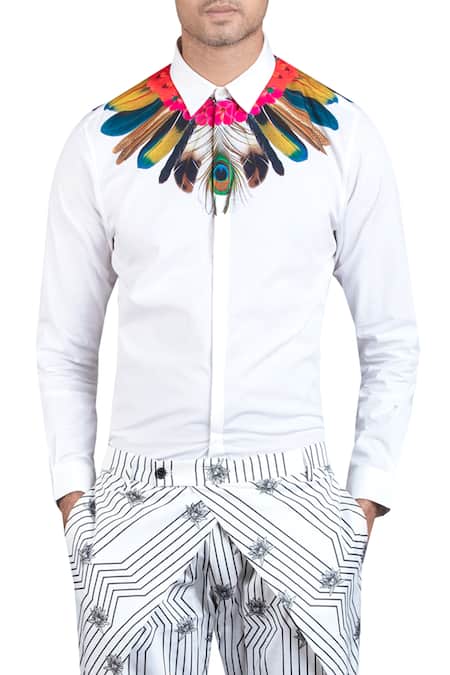 MR. Ajay Kumar_White Cotton Feather Print Collar Full Sleeve Shirt_Online_at_Aza_Fashions