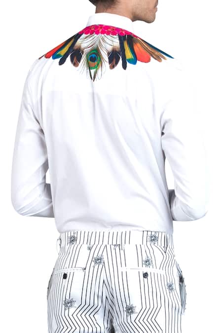 Buy_MR. Ajay Kumar_White Cotton Feather Print Collar Full Sleeve Shirt_Online_at_Aza_Fashions