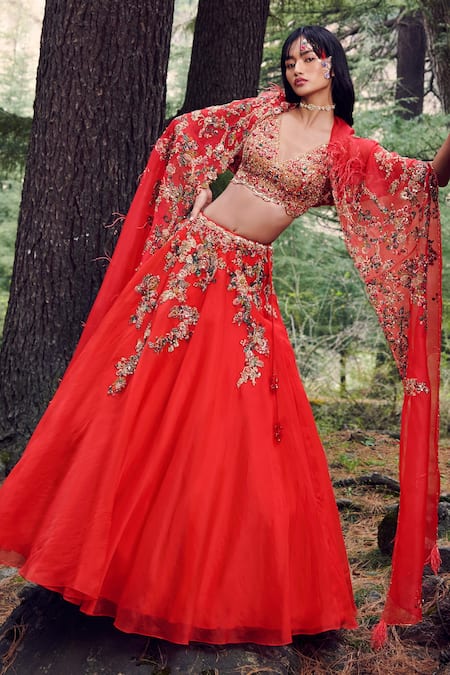 Dolly J Red Organza Embroidered Thread Soft Humour Lehenga Set  