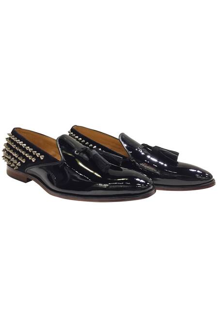 Artimen_Black Plain Tassel Loafers With Spikes _Online_at_Aza_Fashions