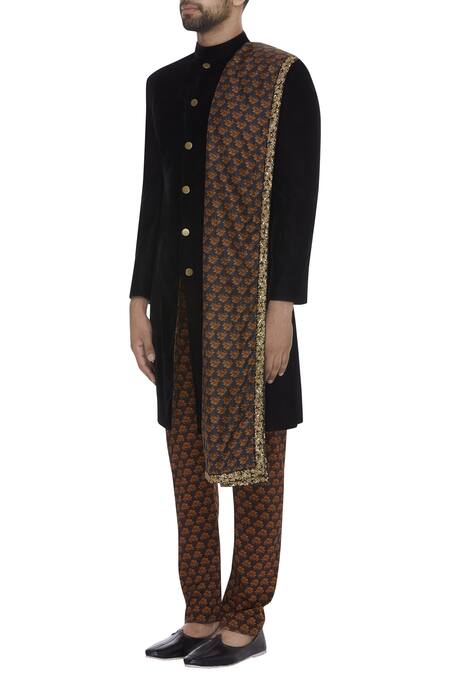 Sva By Sonam & Paras Modi_Black Velvet Embroidered Sherwani With Printed Pants And Stole _Online_at_Aza_Fashions