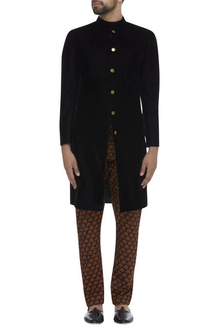 Buy_Sva By Sonam & Paras Modi_Black Velvet Embroidered Sherwani With Printed Pants And Stole _Online_at_Aza_Fashions