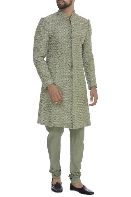 Sva By Sonam & Paras Modi Green Raw Silk Embroidered Resham Booti Sherwani Set